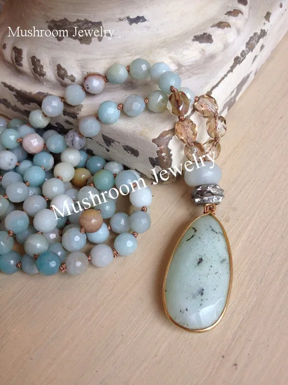Fashion Bohemian Jewelry Natural Amazonite Stone Knotted Stone Matching Drop Pendant Necklaces Women Beaded Necklace
Fashion Bohemian Jewelry Natural Amazonite Stone Knotted Stone Matching Drop Pendant Necklaces Women Beaded Necklace