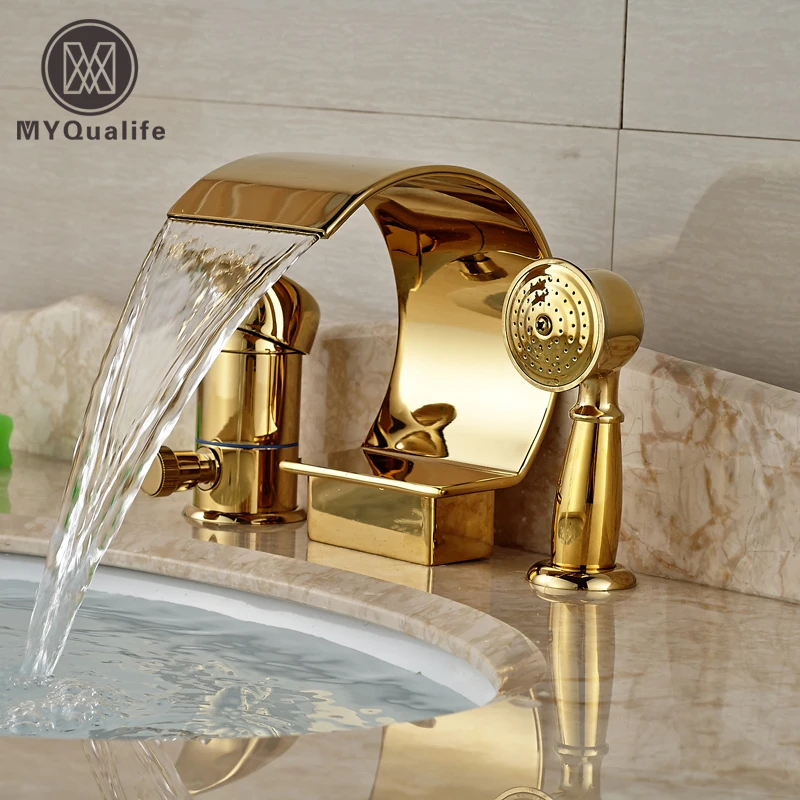 Luxury Golden Waterfall Bathtub Mixer Faucet Deck Mount Single Handle Tub Tap with Handheld Shower
Luxury Golden Waterfall Bathtub Mixer Faucet Deck Mount Single Handle Tub Tap with Handheld Shower