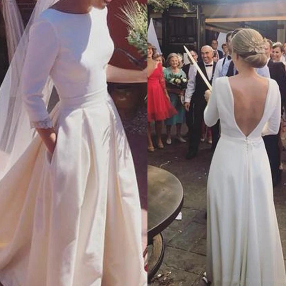 Simple Wedding Dresses Romantic A-line Long Sleeves Open Back Satin Special Occasion Section Lvory White Wedding Gowns
Simple Wedding Dresses Romantic A-line Long Sleeves Open Back Satin Special Occasion Section Lvory White Wedding Gowns