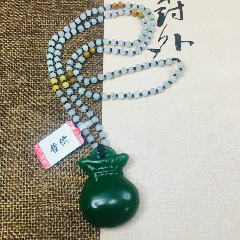 

Zheru Jewelry Pure Natural Jasper Carved Green Blessing Bag Pendant Three-color jadeite jade necklace Send A-level certificate