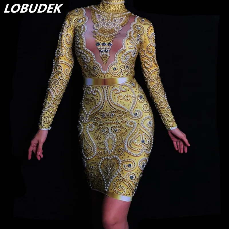 Female Birthday Party Celebrate Dress Gold Glass Rhinestones Pearls Bag Hip Dress Nightclub Singer Host Show Stage Sexy Costume
Female Birthday Party Celebrate Dress Gold Glass Rhinestones Pearls Bag Hip Dress Nightclub Singer Host Show Stage Sexy Costume