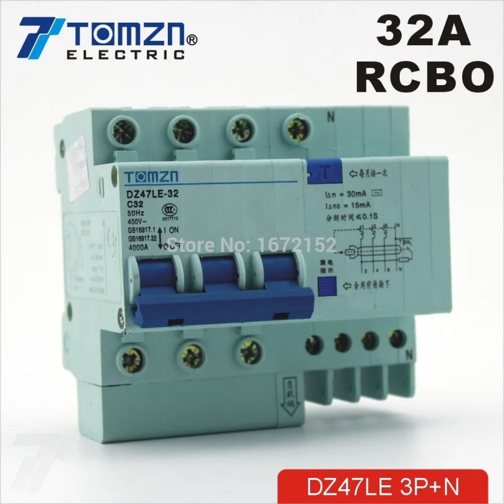 

DZ47LE 3P+N 32A 400V~ 50HZ/60HZ Residual current Circuit breaker with over current and Leakage protection RCBO