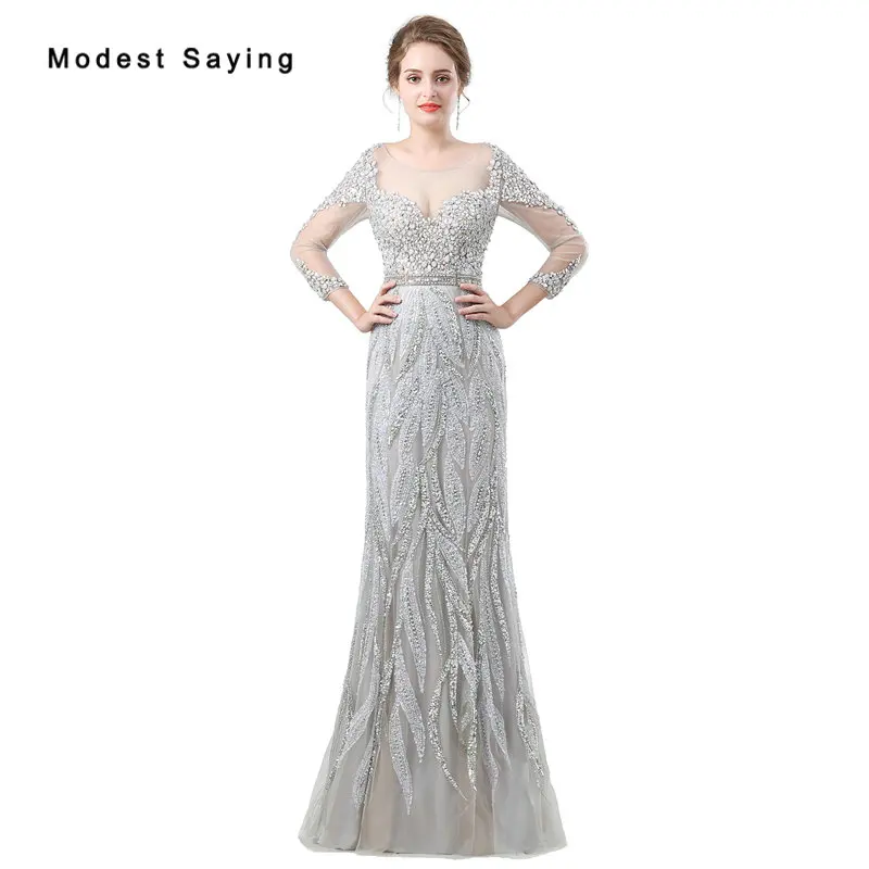 Luxury Sexy Sheer Grey Mermaid Beaded Evening Dresses 2018 with Rhinestone Formal 3/4 Sleeves Party Prom Gowns vestido de festa
Luxury Sexy Sheer Grey Mermaid Beaded Evening Dresses 2018 with Rhinestone Formal 3/4 Sleeves Party Prom Gowns vestido de festa