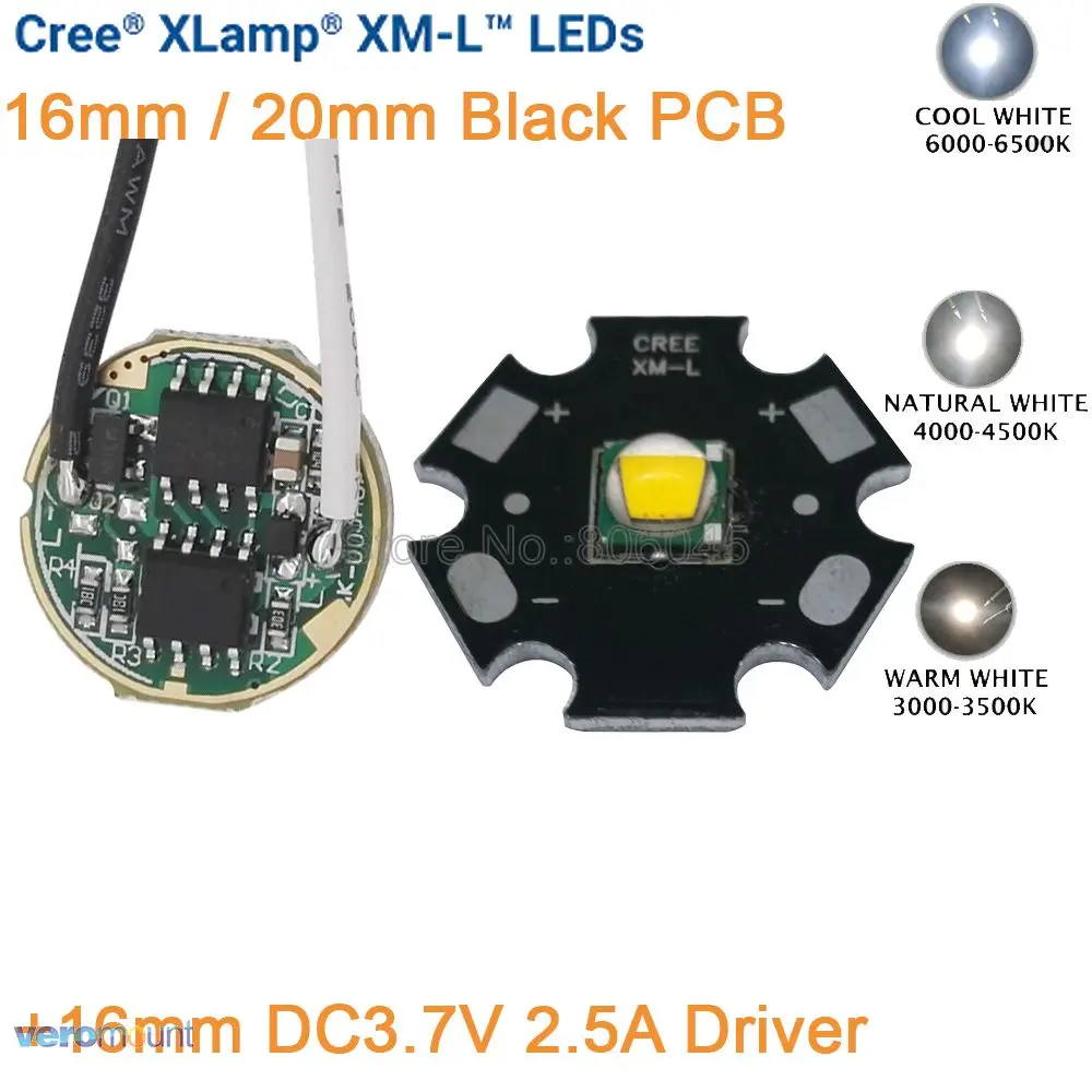 

Cree XML XM-L T6 Cool White Neutral White Warm White 10W High Power LED Emitter 16mm 20mm Black PCB+ DC3.7V 2.5A 5 Mode Driver