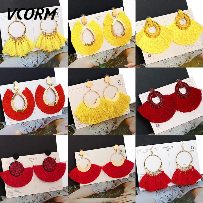 VCORM Bohemian Tassel Big Drop Earrings for Women Fashion Jewelry Earrings 2019 Luxurious Cotton Silk Fabric Fringe Earring.....
VCORM Bohemian Tassel Big Drop Earrings for Women Fashion Jewelry Earrings 2019 Luxurious Cotton Silk Fabric Fringe Earring.....