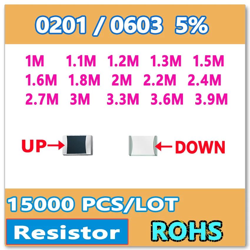 original 0201 J 5% 15000pcs 1M 1.1M 1.2M 1.3M 1.5M 1.6M 1.8M 2M 2.2M 2.4M 2.7M 3M 3.3M 3.6M 3.9M smd 0603 resistor 1M 1M1 OHM
original 0201 J 5% 15000pcs 1M 1.1M 1.2M 1.3M 1.5M 1.6M 1.8M 2M 2.2M 2.4M 2.7M 3M 3.3M 3.6M 3.9M smd 0603 resistor 1M 1M1 OHM