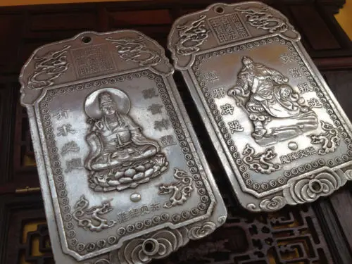 2 шт сложные старые тибетские серебряные Guan Gong/Будда Куан йин статуя амулет