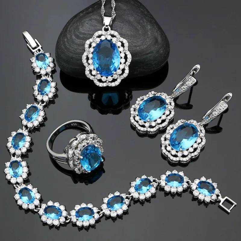 925 Silver Jewelry Sets For Women Sky Blue Cubic Zirconia Earrings Ring Bracelet Pendant Necklace Set For Bride Silver Jewellery
925 Silver Jewelry Sets For Women Sky Blue Cubic Zirconia Earrings Ring Bracelet Pendant Necklace Set For Bride Silver Jewellery