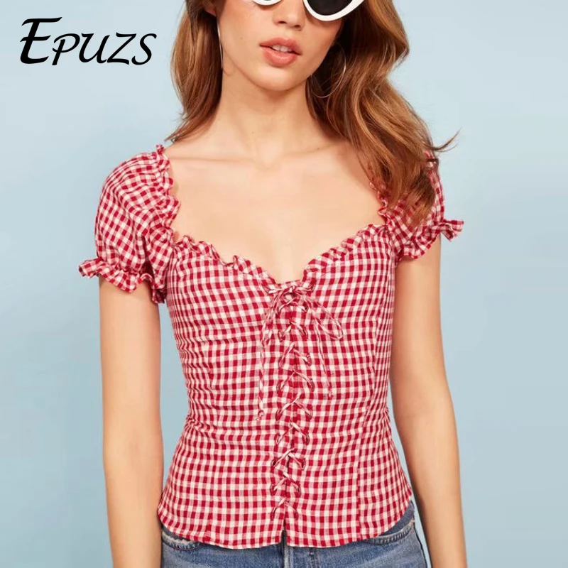 Vintage lace up ruffles black white shirt women korean Square collar puff Sleeve plaid blouse Summer womens tops and blouses
Vintage lace up ruffles black white shirt women korean Square collar puff Sleeve plaid blouse Summer womens tops and blouses