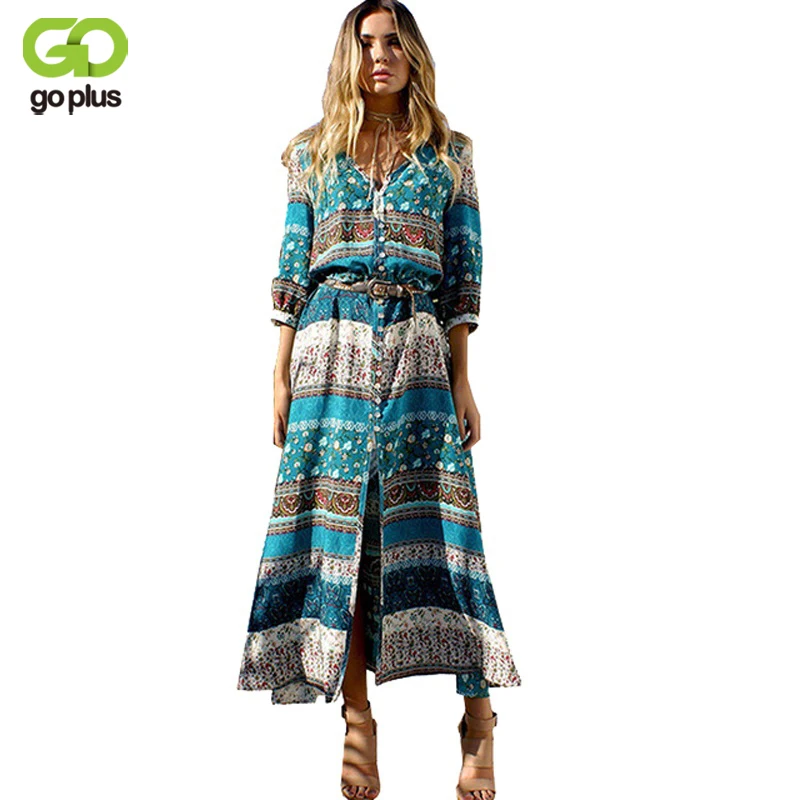 GOPLUS Boho Летнее пляжное платье женское винтажное цветочное с v-образным вырезом