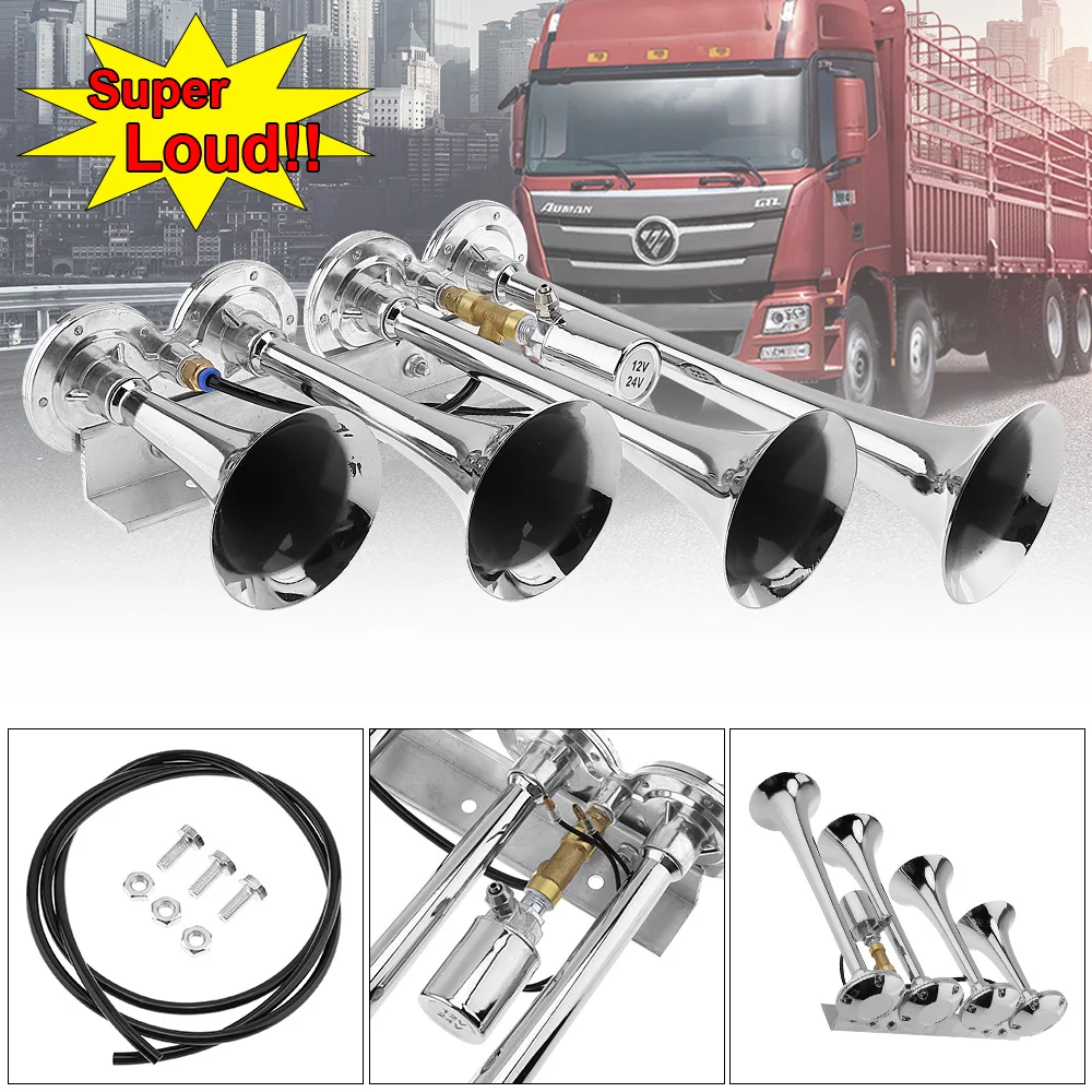 12V / 24V 185dB Silver Super Loud Four Trumpet Air Horn Durable Car Horn with AccessoriesFit for Car Vehicle Truck Train Boat
12V / 24V 185dB Silver Super Loud Four Trumpet Air Horn Durable Car Horn with AccessoriesFit for Car Vehicle Truck Train Boat