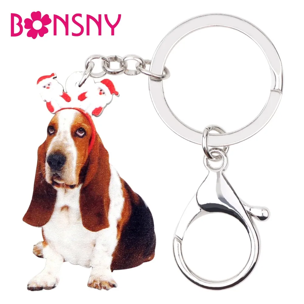 

Bonsny Acrylic Sweet Christmas Santa Basset Hound Dog Key Chains Keychain Rings Handbag Charms Jewelry For Women Girls Teen Gift