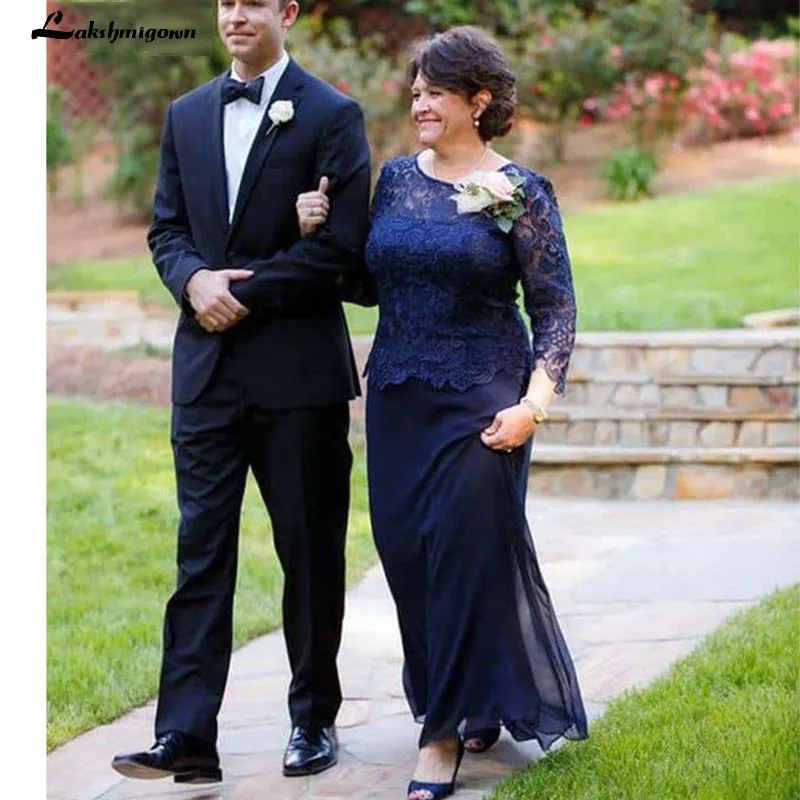 

Navy Blue Chiffon Mother of the Bride Dresses Sleeves Groom Mother Gowns vestido azul marin Lace Formal Dress for Women