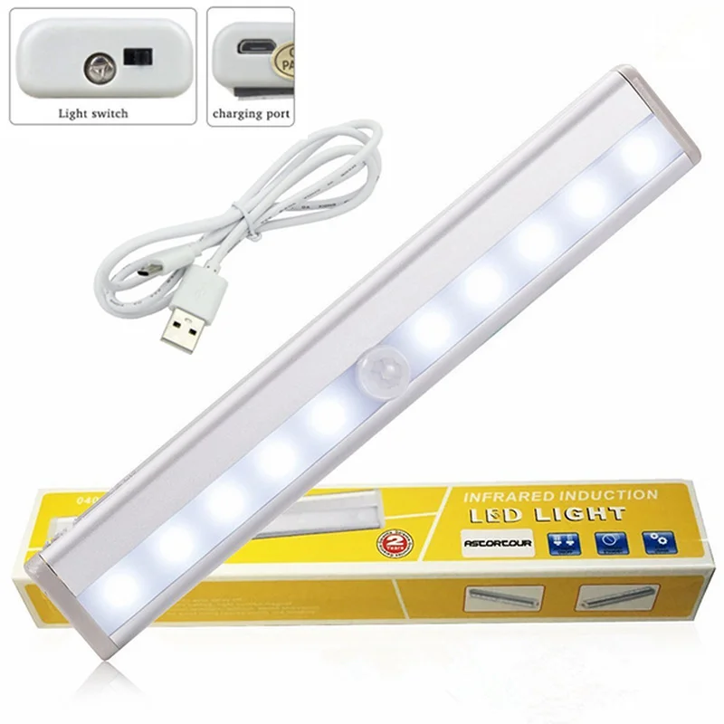 USB сенсор 10 светодио дный LED перезаряжаемые гардероб огни движения Портативный