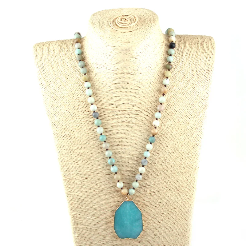 New Fashion Bohemian Jewelry Amazonite Stone Knotted Blue Square Pendant Women Necklace Free Shipping | Украшения и аксессуары