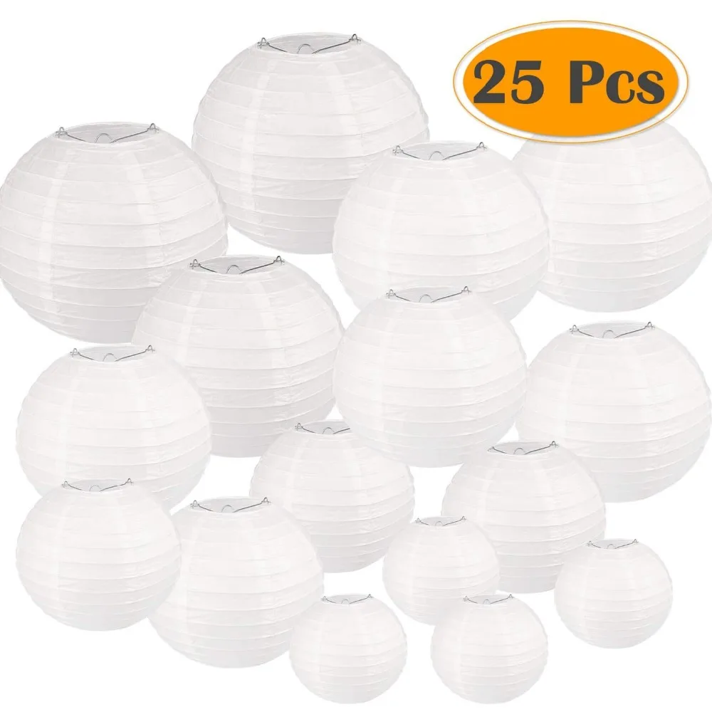 25 Pcs/set White Paper Lanterns with Assorted Sizes Round and Led lights for Garden Hanging Wedding Party Hanging Decor Favor
25 Pcs/set White Paper Lanterns with Assorted Sizes Round and Led lights for Garden Hanging Wedding Party Hanging Decor Favor
