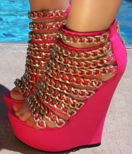 Gold metal chains pink wedge sandal peep toe cover heel wedge heel gladiator sandal boots woman platform sandal summer booties
Gold metal chains pink wedge sandal peep toe cover heel wedge heel gladiator sandal boots woman platform sandal summer booties