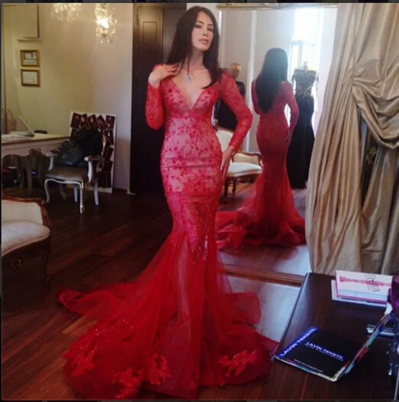 Sexy V-neck Mermaid Prom Gown Long Sleeve Floor Length Evening Dress for Wedding Party Custom Made
Sexy V-neck Mermaid Prom Gown Long Sleeve Floor Length Evening Dress for Wedding Party Custom Made
