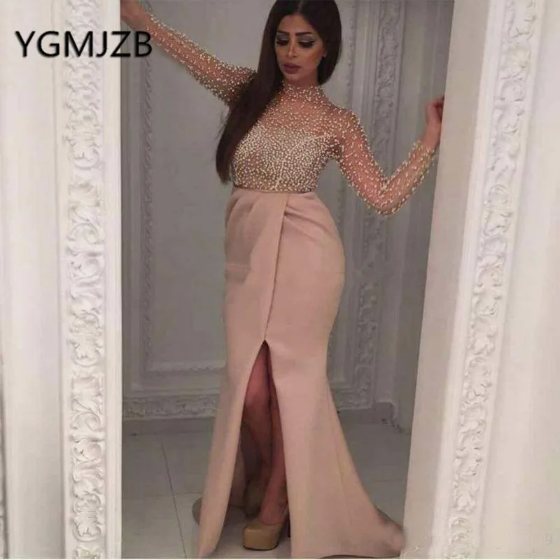 Sexy Mermaid Evening Dress 2019 High Collar Illusion Long Sleeve Pearls Side Split Saudi Arabia Women Formal Party Prom Gown
Sexy Mermaid Evening Dress 2019 High Collar Illusion Long Sleeve Pearls Side Split Saudi Arabia Women Formal Party Prom Gown