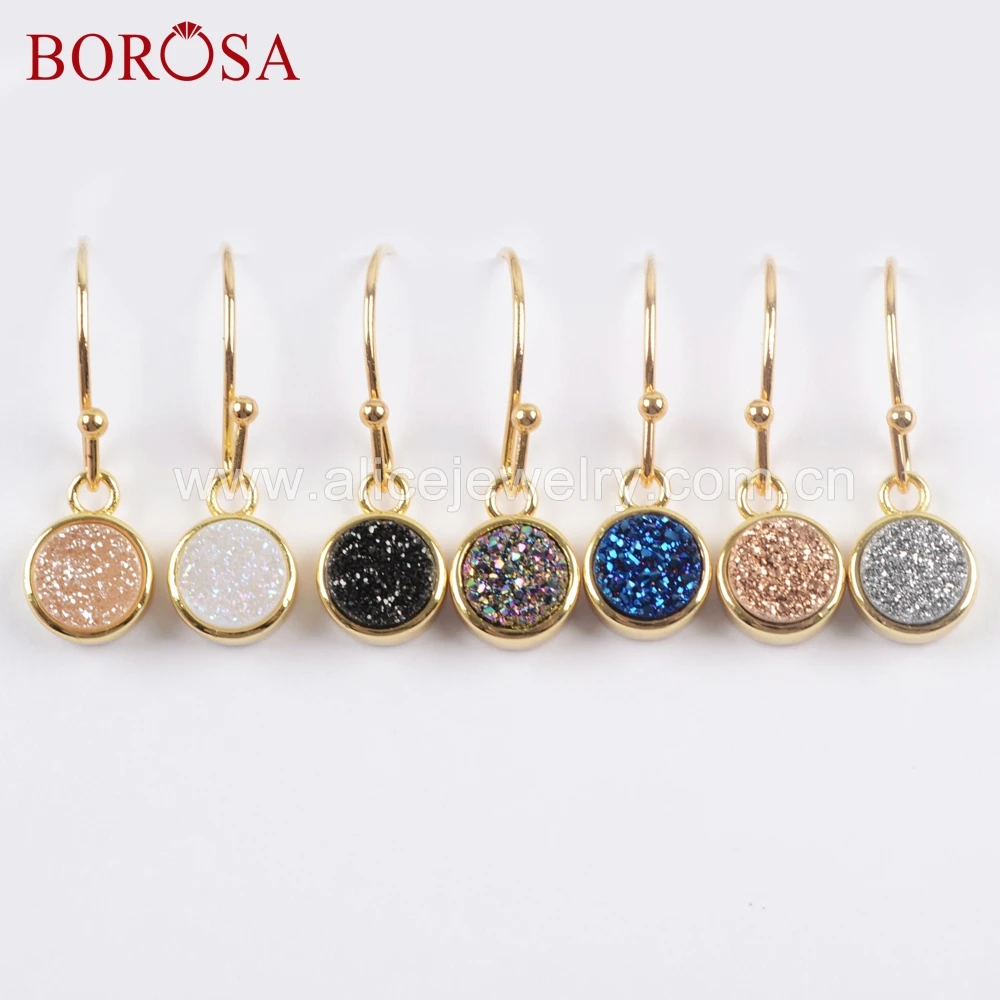 

BOROSA Jewelry 5Pairs Round Gold Color 9mm Natural Agates Titanium Rainbow Druzy Dangle Earring Girls Women Jewelry ZG0357-E