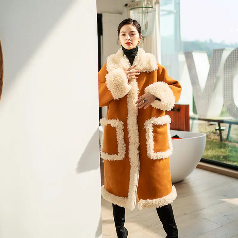 Women Lamb Moose Suede Noble Wool Coat Thick Warm Fashion Parka Long Winter Jacket Female Caramel Color Overcoat Tops ss038 | Женская