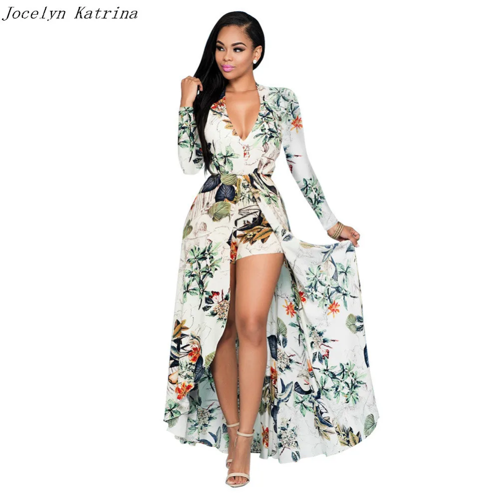 Jocelyn Катрина бренд Для женщин с длинным рукавом цветочным принтом Комбинезоны Sexy