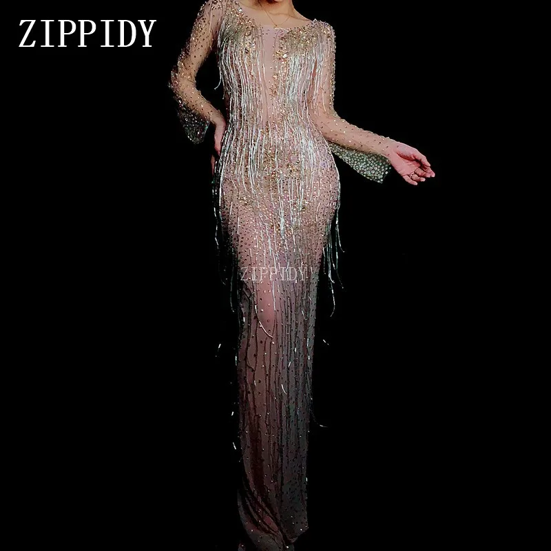 Fashion Flashing Gold Rhinestones Tassel See Through Mesh Dress Women's Celebrate Dress Costume Nightclub Dance Outfit
Fashion Flashing Gold Rhinestones Tassel See Through Mesh Dress Women's Celebrate Dress Costume Nightclub Dance Outfit