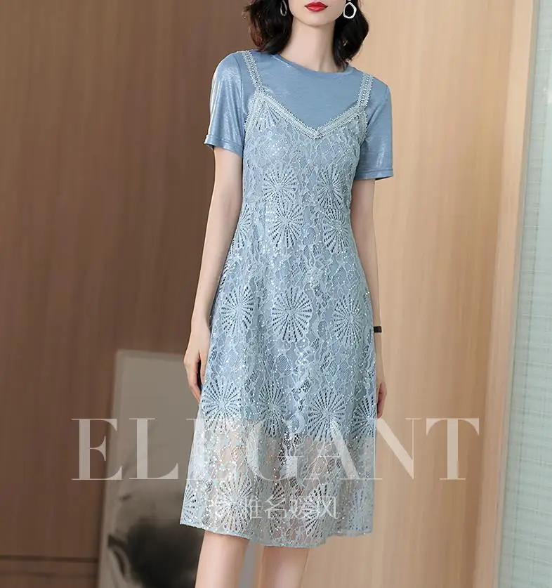 Lace two-piece dress with suspenders 2019 new summer T-shirt dress in long style
Lace two-piece dress with suspenders 2019 new summer T-shirt dress in long style