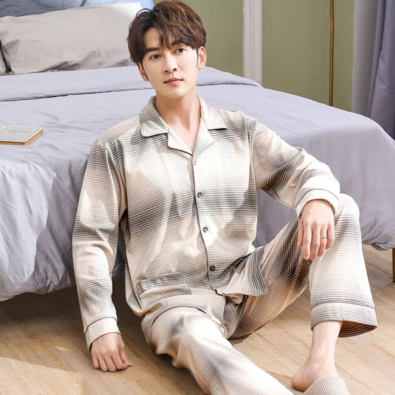 Fashion cardigan pyjamas for man knit full cotton casual autumn pajamas sets men sleepwear pijamas hombre pajamers | Мужская одежда