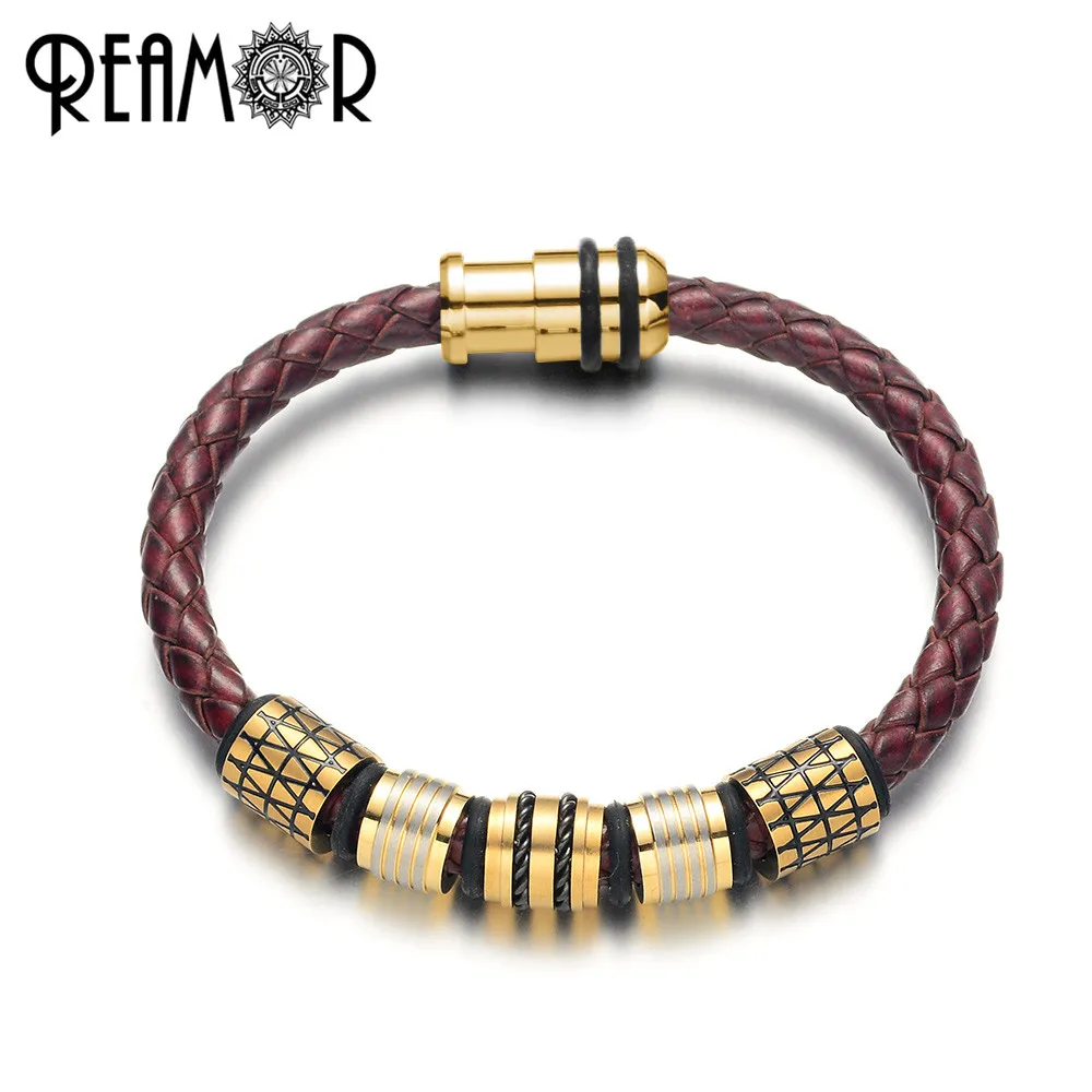 REAMOR Fashion Gold Plating Red Brown Leather Bracelets Men Jewelry Black Stainless Steel Wire Inlay Punk Unisex Bangle Gift
REAMOR Fashion Gold Plating Red Brown Leather Bracelets Men Jewelry Black Stainless Steel Wire Inlay Punk Unisex Bangle Gift