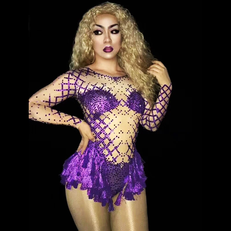 

Glitzy purple fringed rhinestone elastic jumpsuit bar nightclub concert singer dancer costume