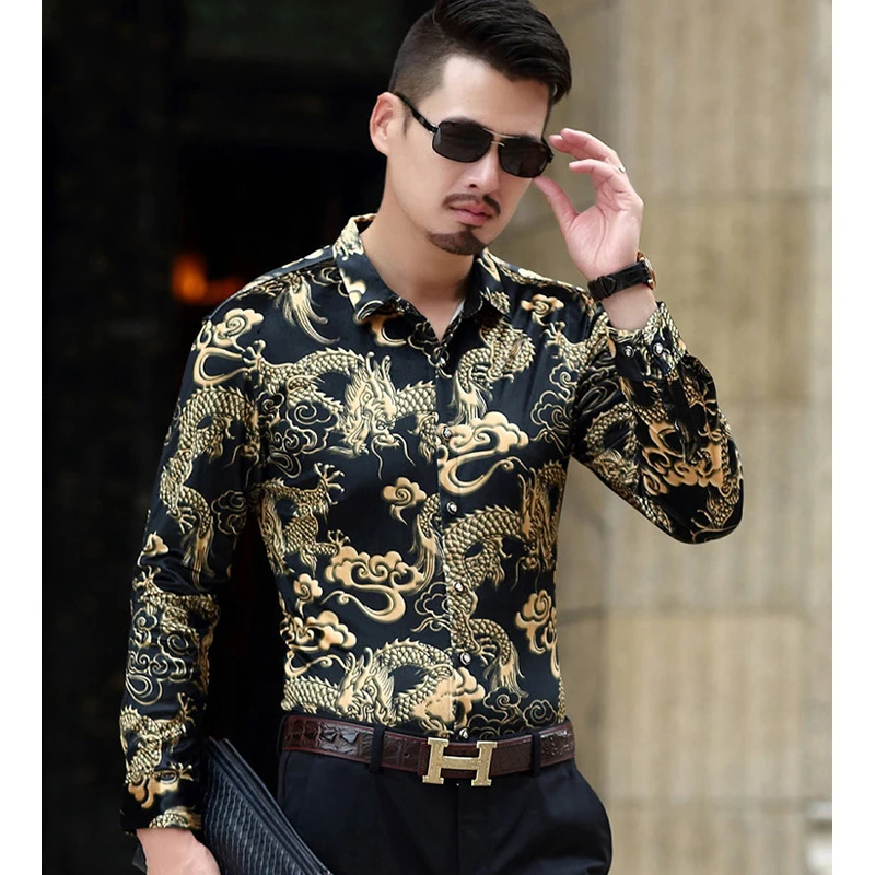 

Модная мужская Роскошная брендовая шелковая рубашка хорошего качества в китайском стиле с рисунком дракона велюровая Мужская рубашка под ...