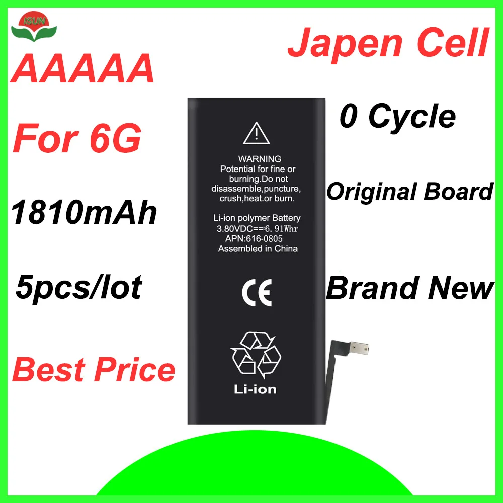 ISUN 5pcs/lot original quality 0 cycle mobile battery for iPhone 6 6G 4.7 1810mAh 3.82V battery replacement
ISUN 5pcs/lot original quality 0 cycle mobile battery for iPhone 6 6G 4.7 1810mAh 3.82V battery replacement