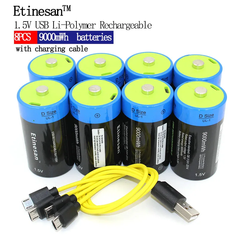 SUPER PACK! 8pcs Etinesan 1.5v li-polymer 9000mWh D size rechargeable D battery D type + USB charging cable
SUPER PACK! 8pcs Etinesan 1.5v li-polymer 9000mWh D size rechargeable D battery D type + USB charging cable
