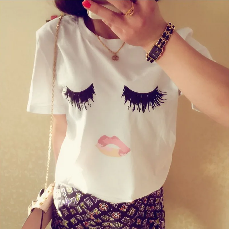 Korean Style Eye Lip Printed Summer Women T Shirt Short Sleeve O-Neck White Brand Tops Tee Push Size Short Sleeve Female T Shirt
Korean Style Eye Lip Printed Summer Women T Shirt Short Sleeve O-Neck White Brand Tops Tee Push Size Short Sleeve Female T Shirt