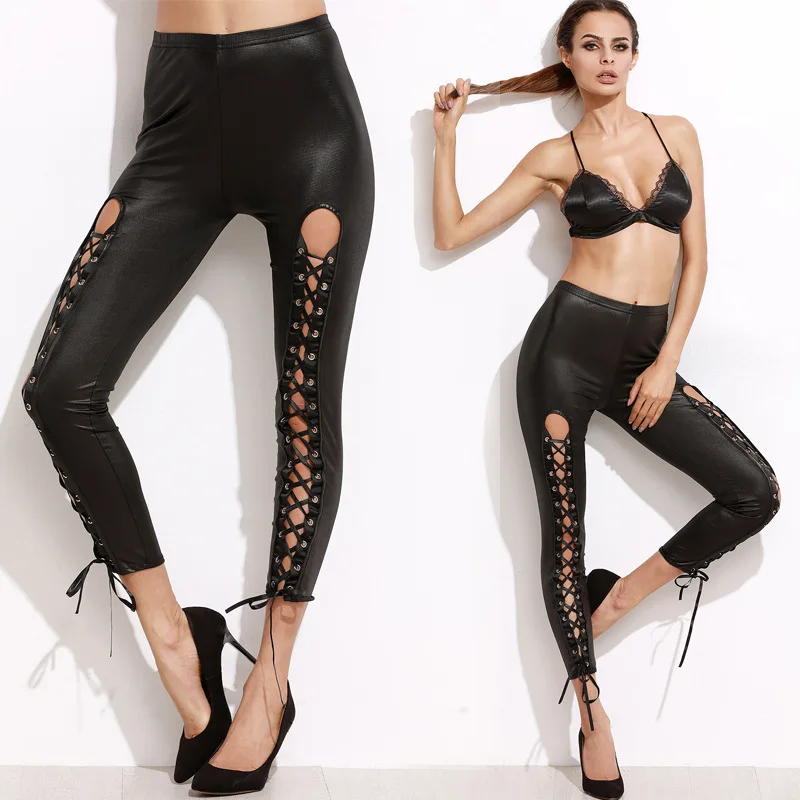 2019 New Spring Leggings Low Waist Front Tie with Emptied Imitation Leather Nine Pants Hh124 | Женская одежда