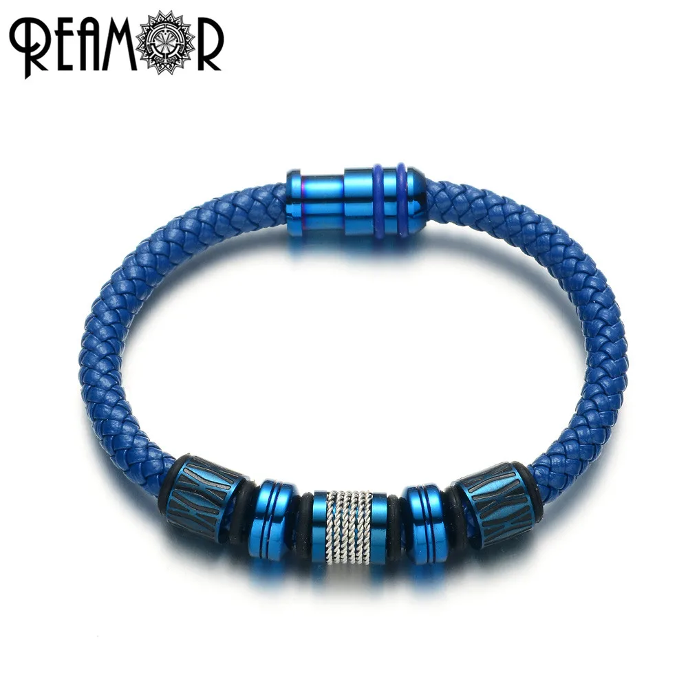 

REAMOR Blue Genuine Leather Bracelet For Men Jewelry Plating Color Stainless steel Beads Magnetic Clasp Unisex Bangle 17-21cm