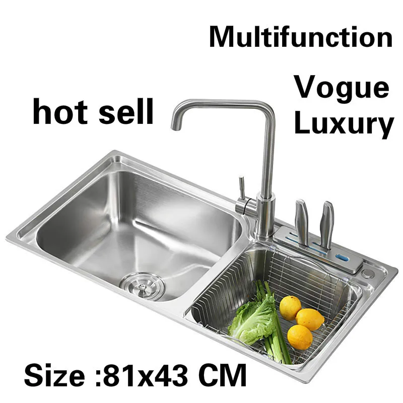 

Free shipping Apartment luxury kitchen double groove sink multifunction do the dishes 304 stainless steel hot sell big 81x43 CM