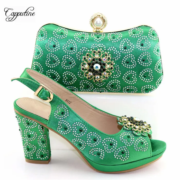 Popular green high heel pump shoes and purse handbag decorated with nice stones T9932, heel height 9.3cm
Popular green high heel pump shoes and purse handbag decorated with nice stones T9932, heel height 9.3cm