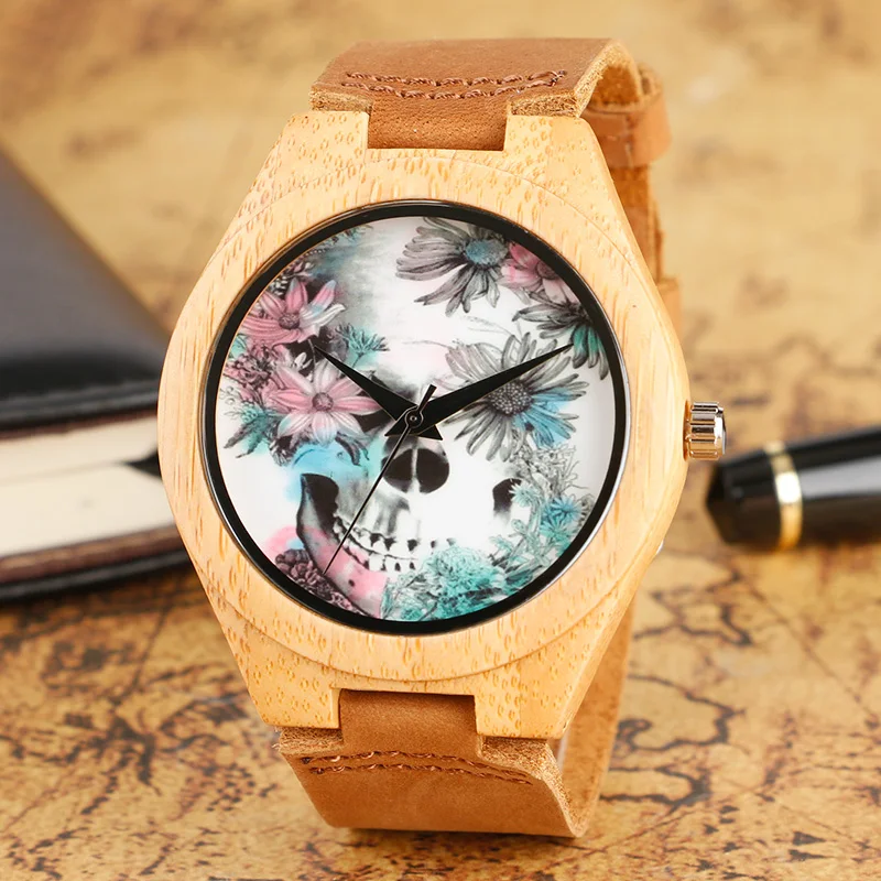 Fashion Flower Skull Dial Wood Watches for Women Ladies' Elegant Bamboo Quartz Wristwatch with Brown Genuine Leather Watchband
Fashion Flower Skull Dial Wood Watches for Women Ladies' Elegant Bamboo Quartz Wristwatch with Brown Genuine Leather Watchband