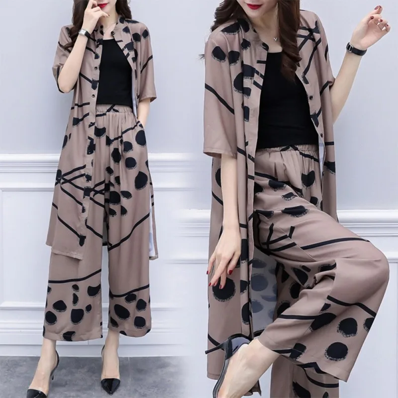 Women Summer Fashion Casual Loose Cardigan Blouse And Straight-legged Pants Sets
Women Summer Fashion Casual Loose Cardigan Blouse And Straight-legged Pants Sets