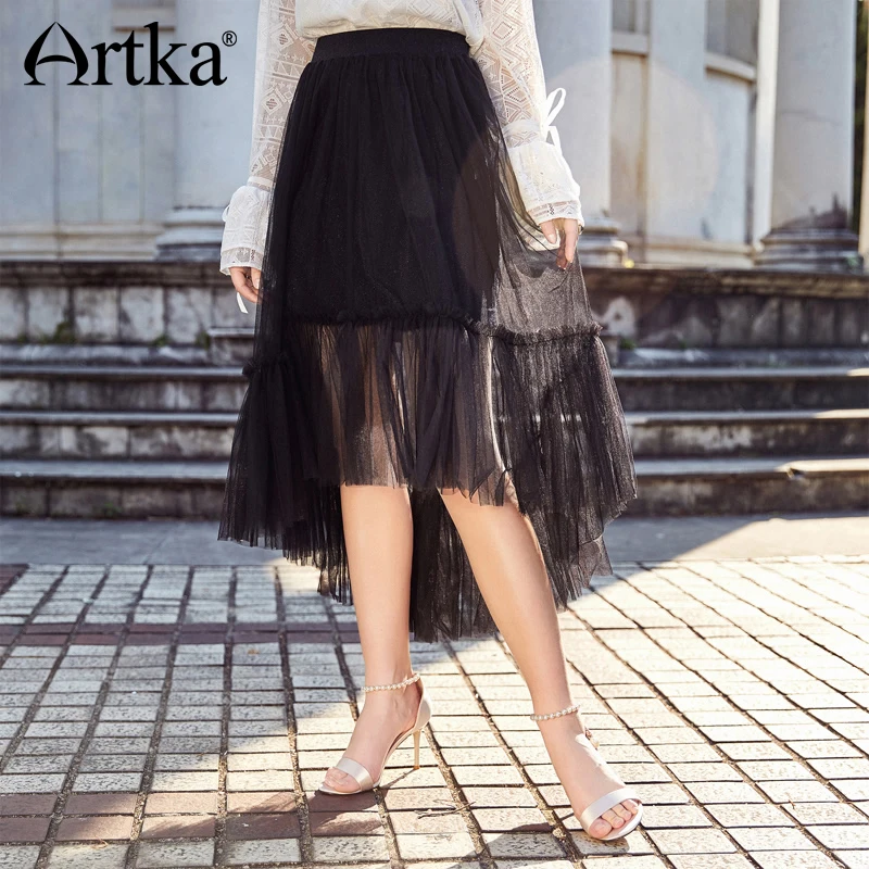 ARTKA 2018 летняя новая женская однотонная черная короткая передняя длинная