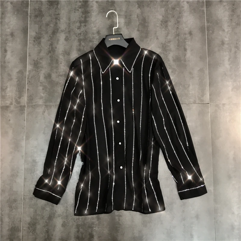 Korean Vadim Blusa Polyester Winter New Vertical Strip Hot Diamond Shiny Single-breasted Shirt Female Tide Women Tops Blouses
Korean Vadim Blusa Polyester Winter New Vertical Strip Hot Diamond Shiny Single-breasted Shirt Female Tide Women Tops Blouses