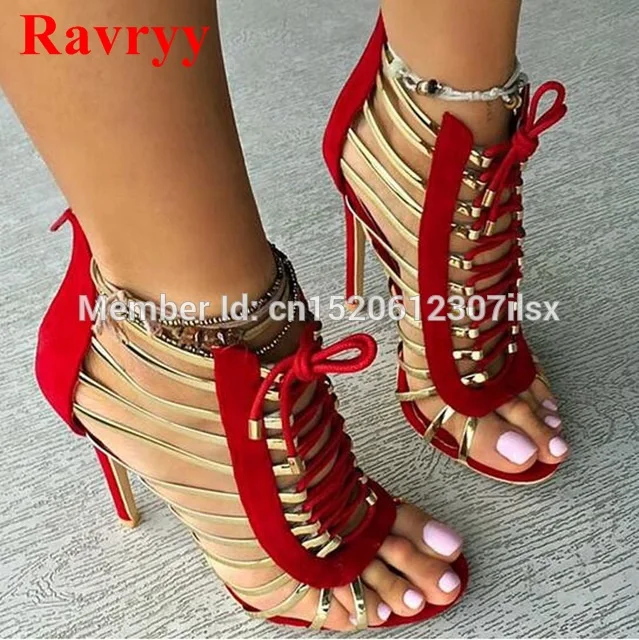 Hot Selling Women Fashion Gold Straps Lace Up Cut Outs High Heel Sandals Black Red Gladiator Sandals Dress Shoes
Hot Selling Women Fashion Gold Straps Lace Up Cut Outs High Heel Sandals Black Red Gladiator Sandals Dress Shoes