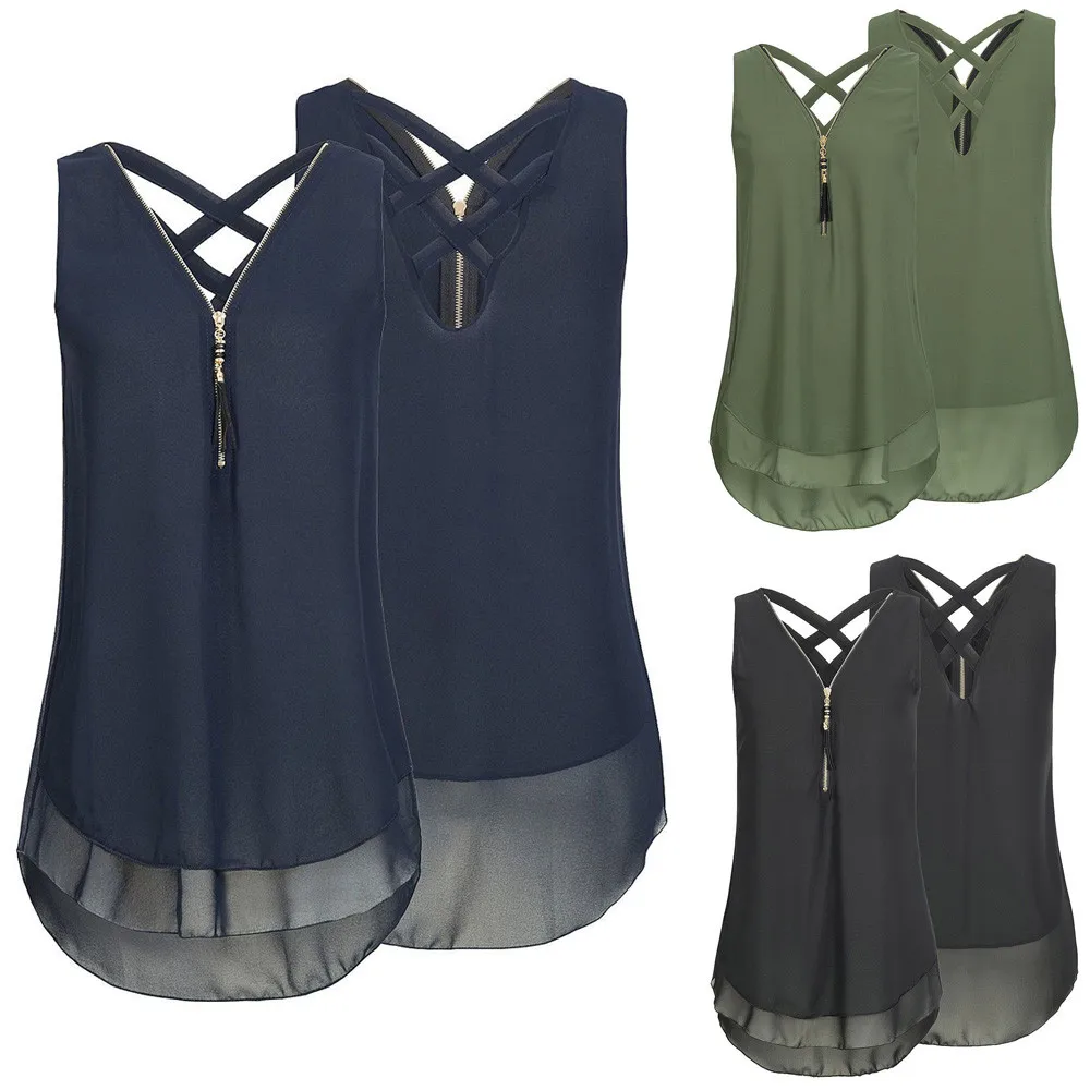 Women Tank Top Casual Solid Loose Sleeveless Tank Top Cross Back Hem Layed Zipper V-neck T Shirts Tops Roupas Feminina
Women Tank Top Casual Solid Loose Sleeveless Tank Top Cross Back Hem Layed Zipper V-neck T Shirts Tops Roupas Feminina