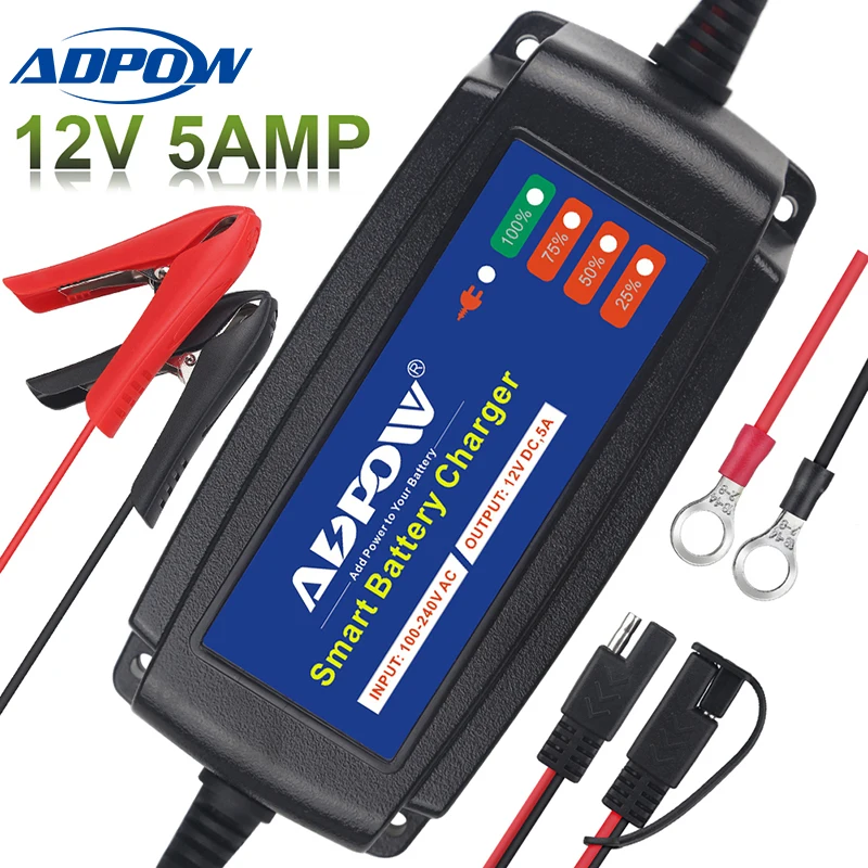 ADPOW 5AMP Automatic Car Battery Charger 12v Intelligent 100-240V Boat Motorcycle Charger For Lead Acid Battery 5 Stage Charging
ADPOW 5AMP Automatic Car Battery Charger 12v Intelligent 100-240V Boat Motorcycle Charger For Lead Acid Battery 5 Stage Charging