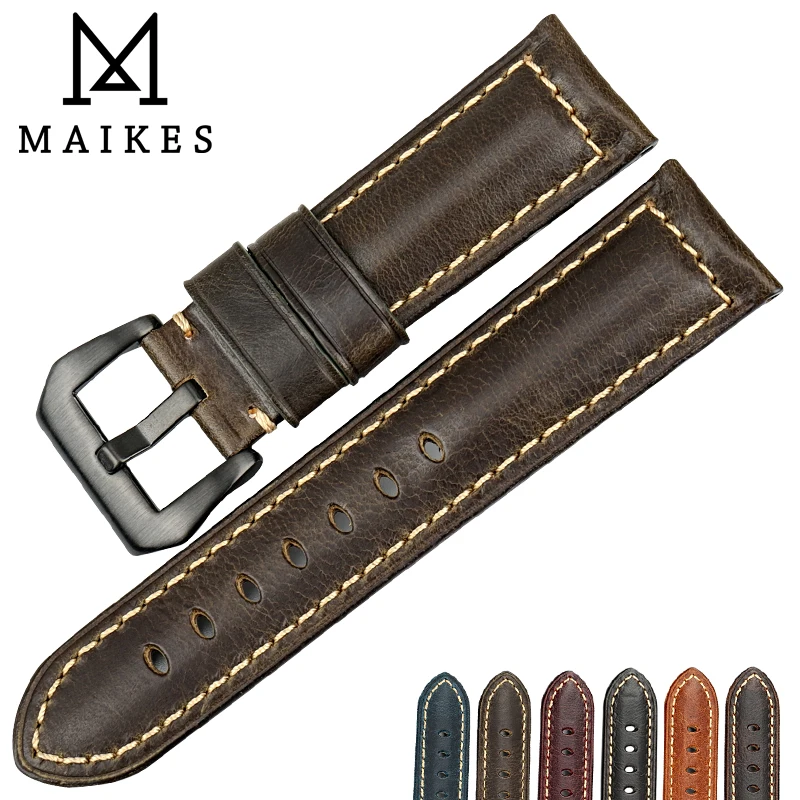 

MAIKES New design watchbands Green genuine leather watch strap 20mm 22 24 26mm handmade watch band with black clasp for Panerai