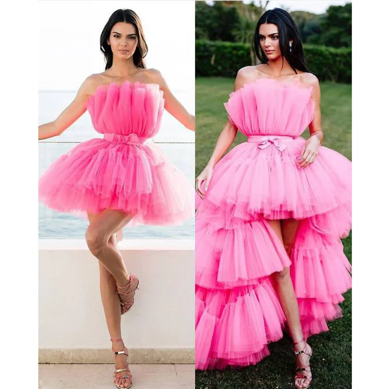 

2019 Tiered Tulle Dress Hi Low Fuchsia Off the Shoulder Long Prom Gowns Formal Dress with Detachable Train Tulle Chic Party Wear