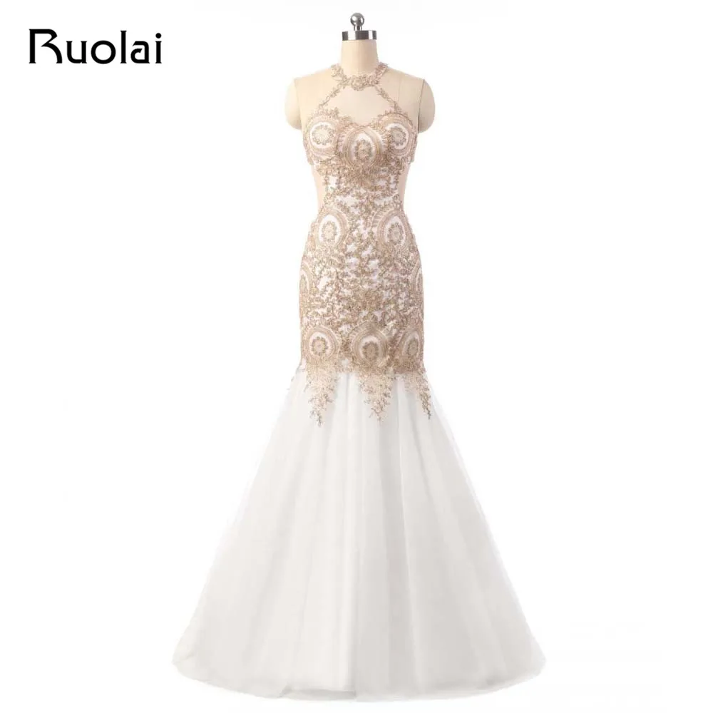 Sexy Real Photo Halter Golden Appliques Tulle Mermaid Wedding Dresses Gold Bridal Gown 2019 Wedding Party Vestido de Novia FW23
Sexy Real Photo Halter Golden Appliques Tulle Mermaid Wedding Dresses Gold Bridal Gown 2019 Wedding Party Vestido de Novia FW23