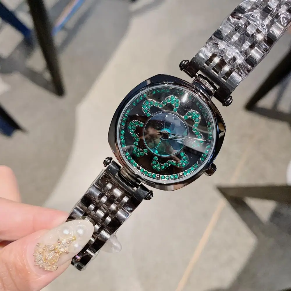 Pretty Black Green Flour Leaf Clover Watches for Women Spinning Hearts Flower Wrist watch Waterproof Crystal Watch Square Montre
Pretty Black Green Flour Leaf Clover Watches for Women Spinning Hearts Flower Wrist watch Waterproof Crystal Watch Square Montre